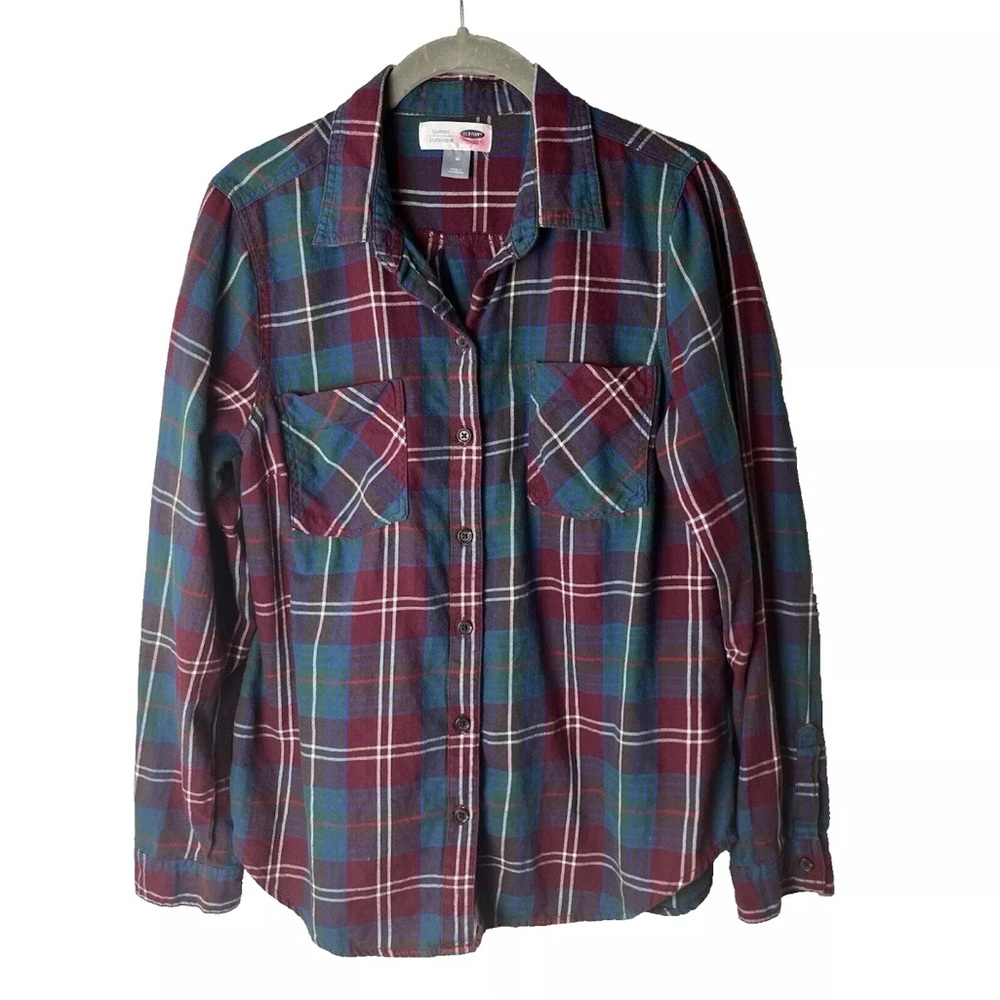 Old Navy Women's Plaid Shirt Size Medium Long Sleeves Cotton Blue Maroon Green